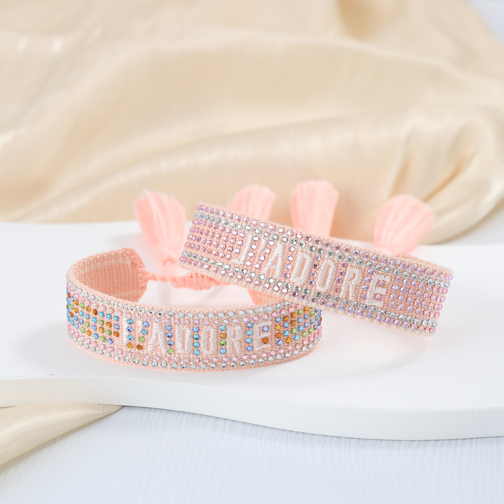 Tassel Bracelet with Lettering Jadore and Rhinestone Studs