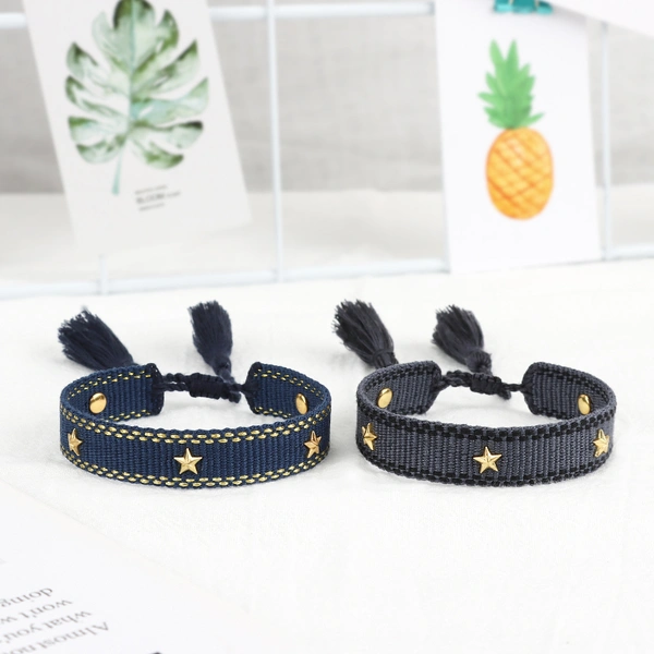 Handmade Slim Woven Friendship Bracelet with Tassel and Studded Star Accent
