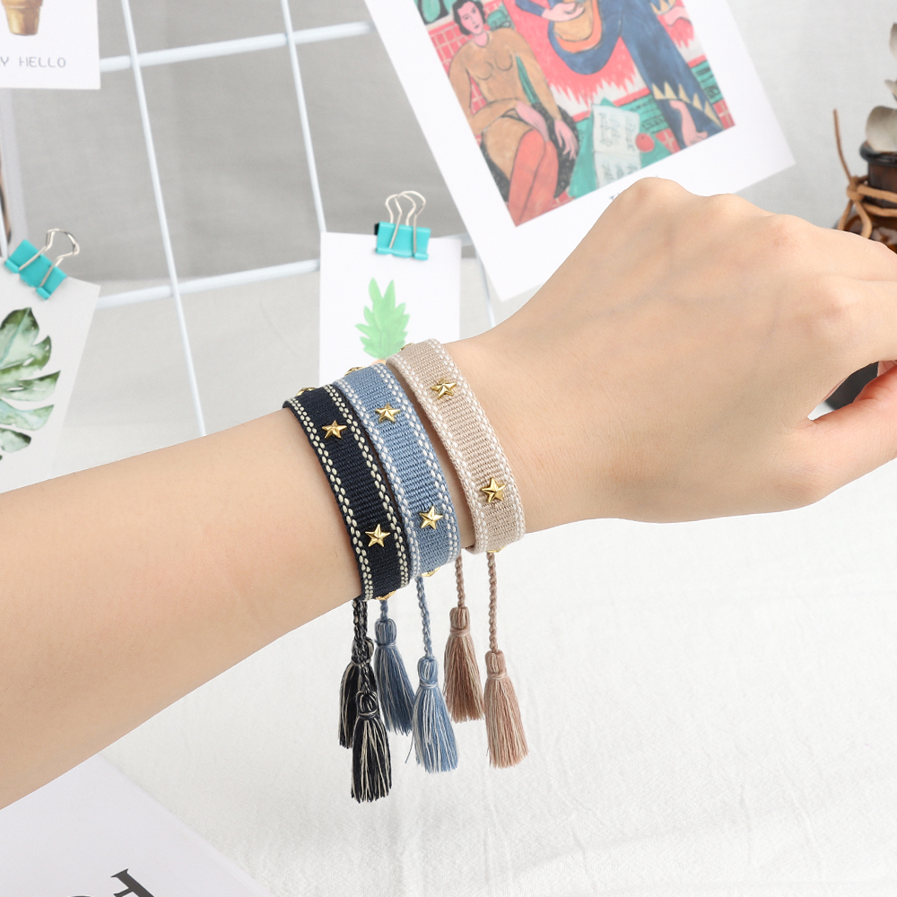 Handmade Slim Woven Friendship Bracelet with Tassel and Studded Star Accent