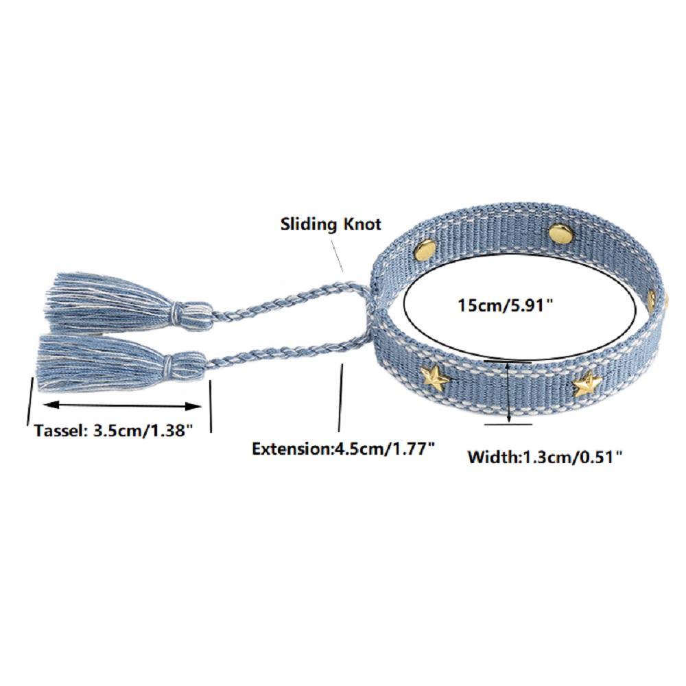 Handmade Slim Woven Friendship Bracelet with Tassel and Studded Star Accent