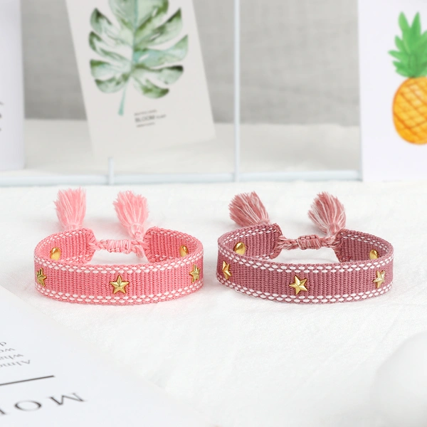 Handmade Slim Woven Friendship Bracelet with Tassel and Studded Star Accent