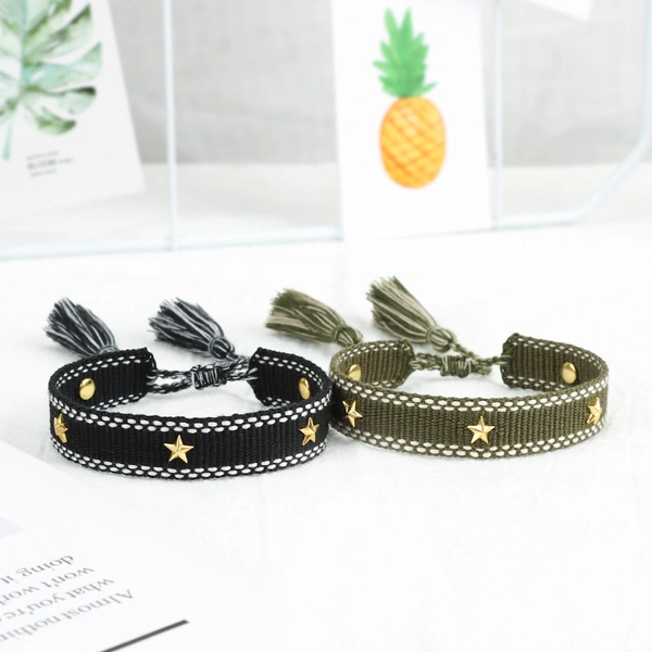 Handmade Slim Woven Friendship Bracelet with Tassel and Studded Star Accent