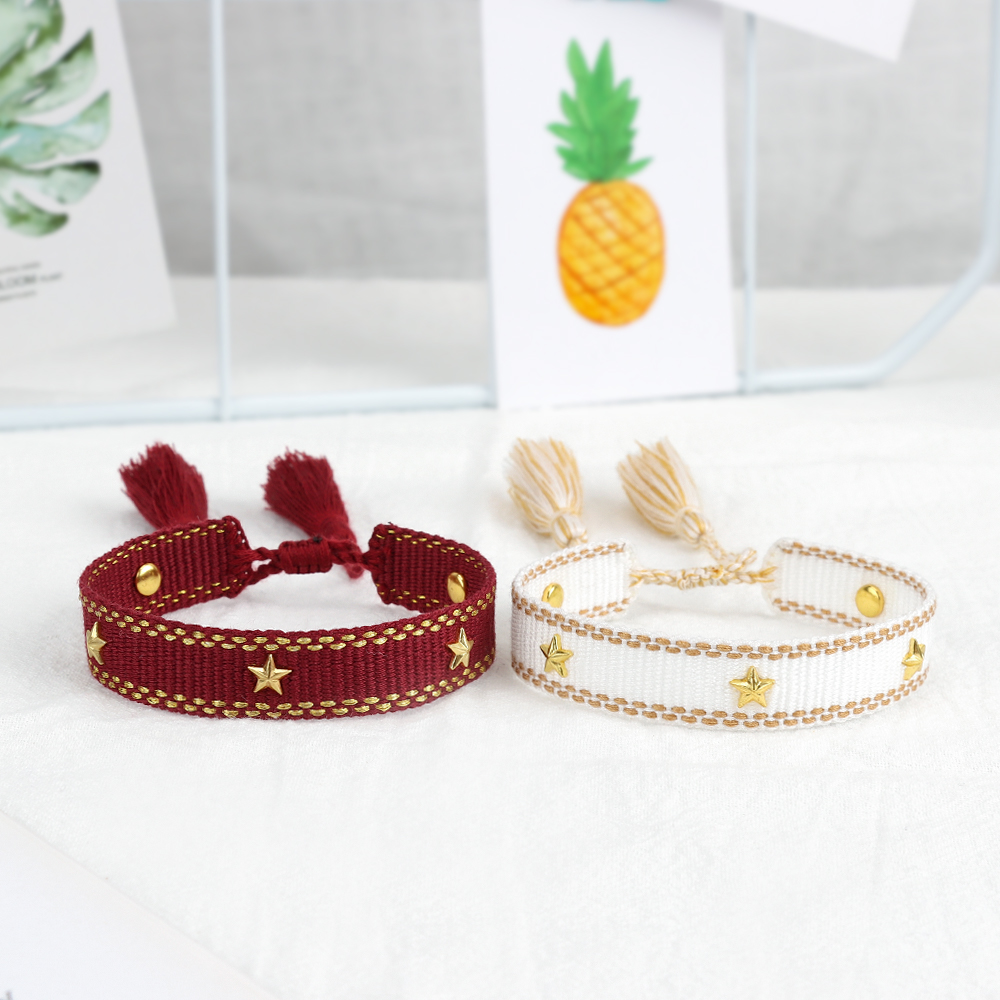 Handmade Slim Woven Friendship Bracelet with Tassel and Studded Star Accent