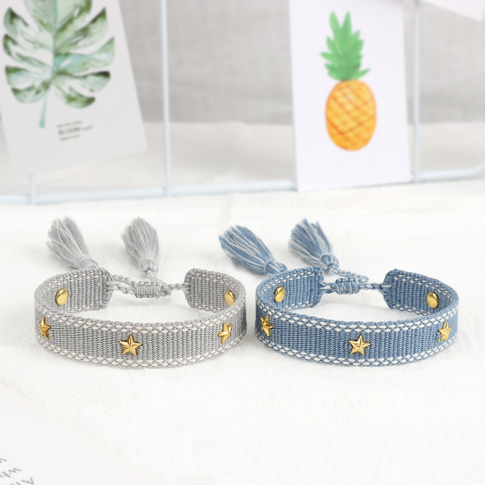 Handmade Slim Woven Friendship Bracelet with Tassel and Studded Star Accent