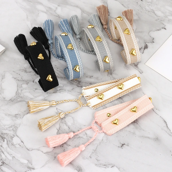 Heart Stud Woven Bracelets Handmade Friendship Bracelets with Metallic Hearts, no fading