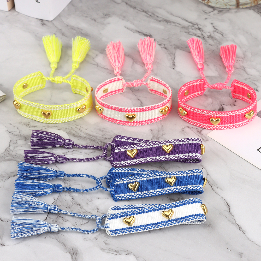 Heart Stud Woven Bracelets Handmade Friendship Bracelets with Metallic Hearts, no fading
