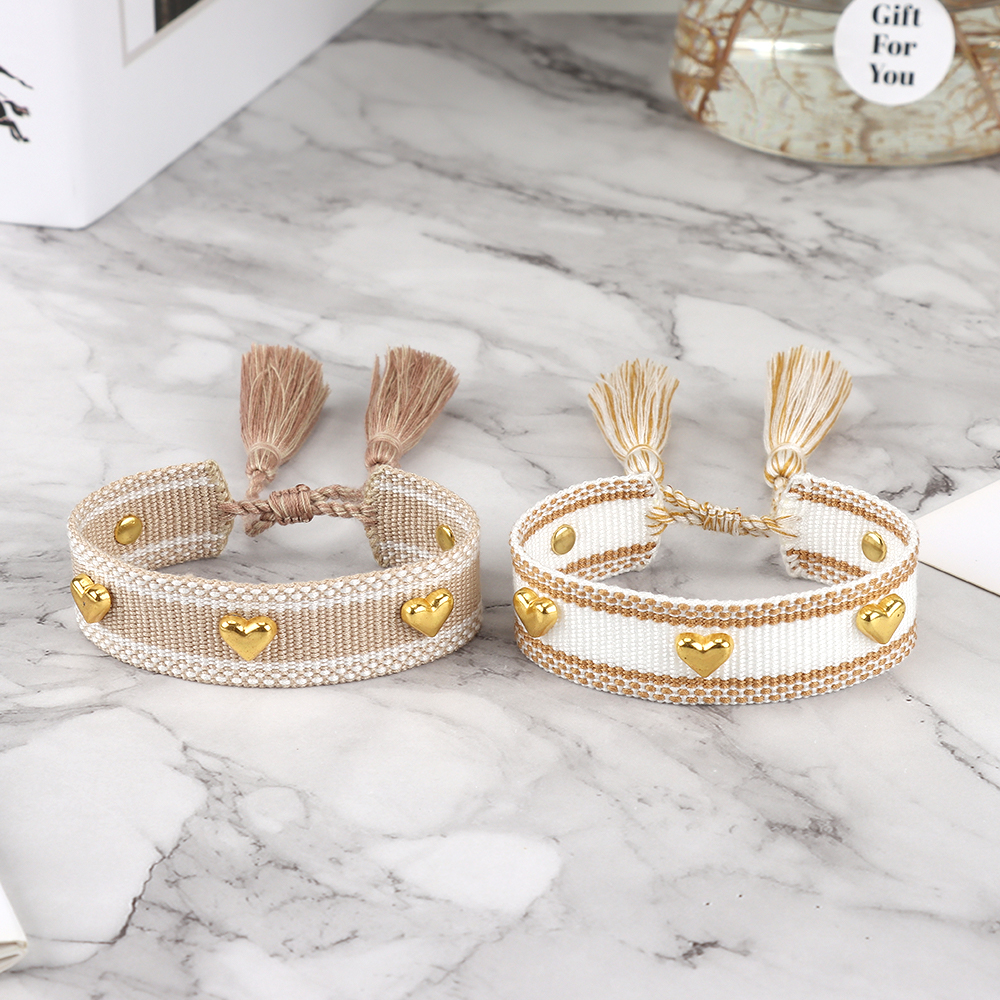 Heart Stud Woven Bracelets Handmade Friendship Bracelets with Metallic Hearts, no fading