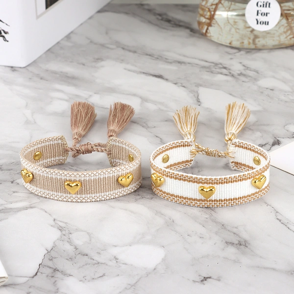 Heart Stud Woven Bracelets Handmade Friendship Bracelets with Metallic Hearts, no fading