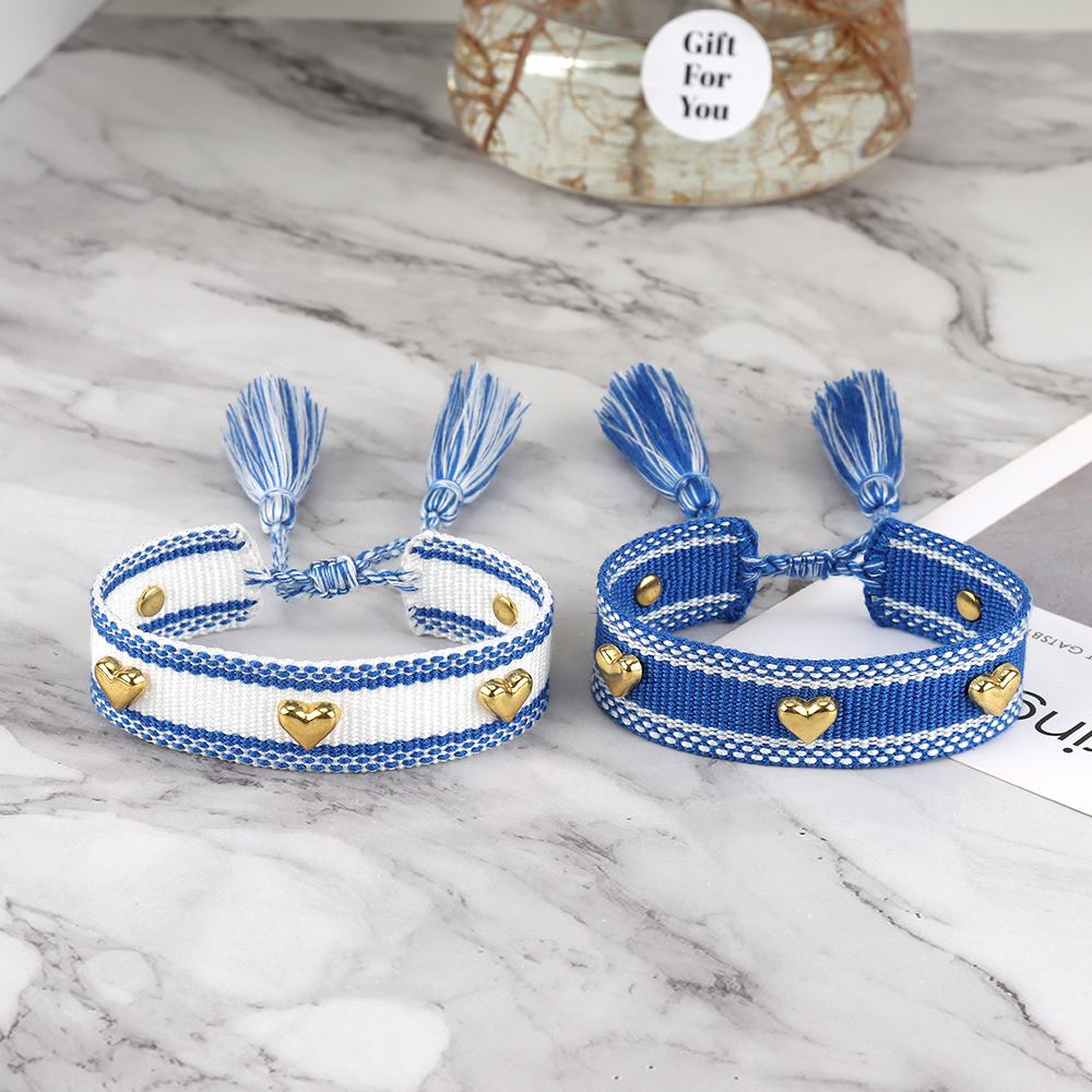 Heart Stud Woven Bracelets Handmade Friendship Bracelets with Metallic Hearts, no fading