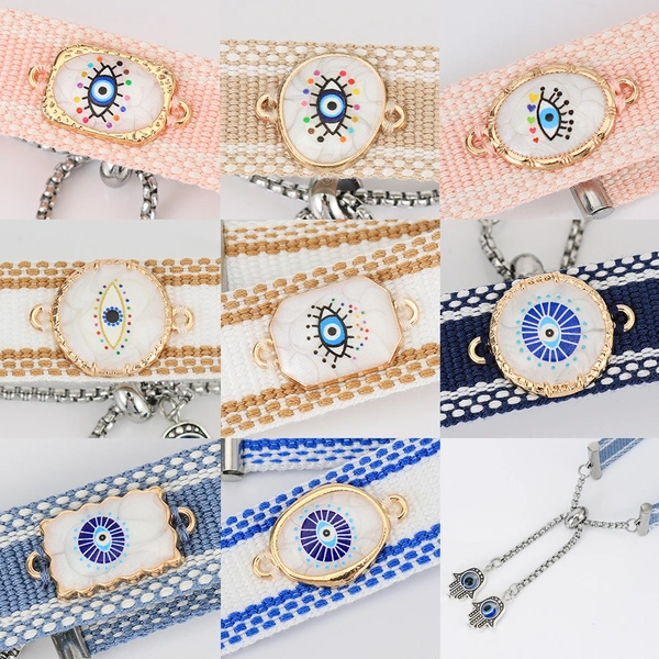 Woven Adjustable Bracelets with Metallic Evil Eyes Tassel Friendship Bracelets