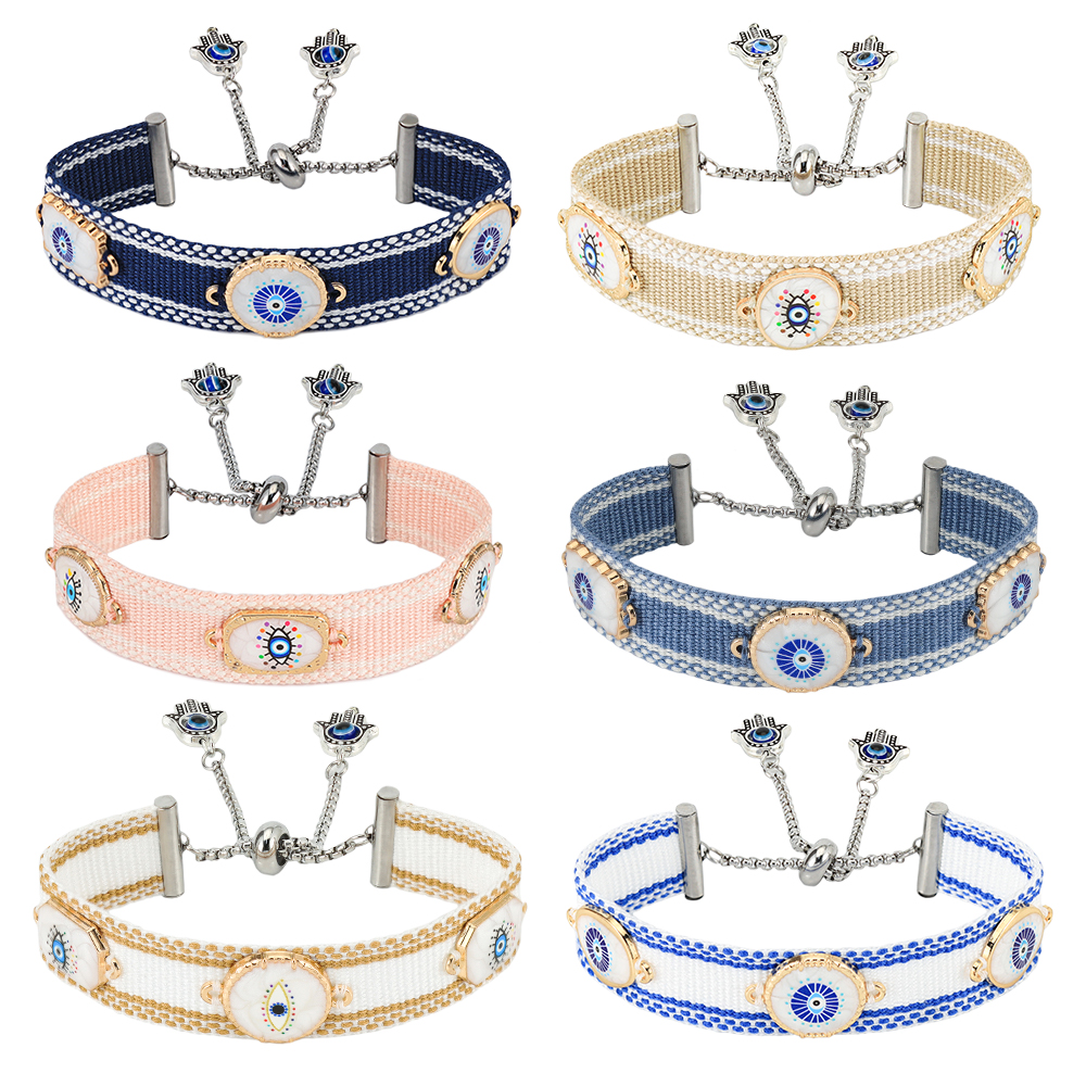 Woven Adjustable Bracelets with Metallic Evil Eyes Tassel Friendship Bracelets