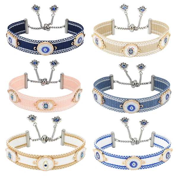 Woven Adjustable Bracelets with Metallic Evil Eyes Tassel Friendship Bracelets
