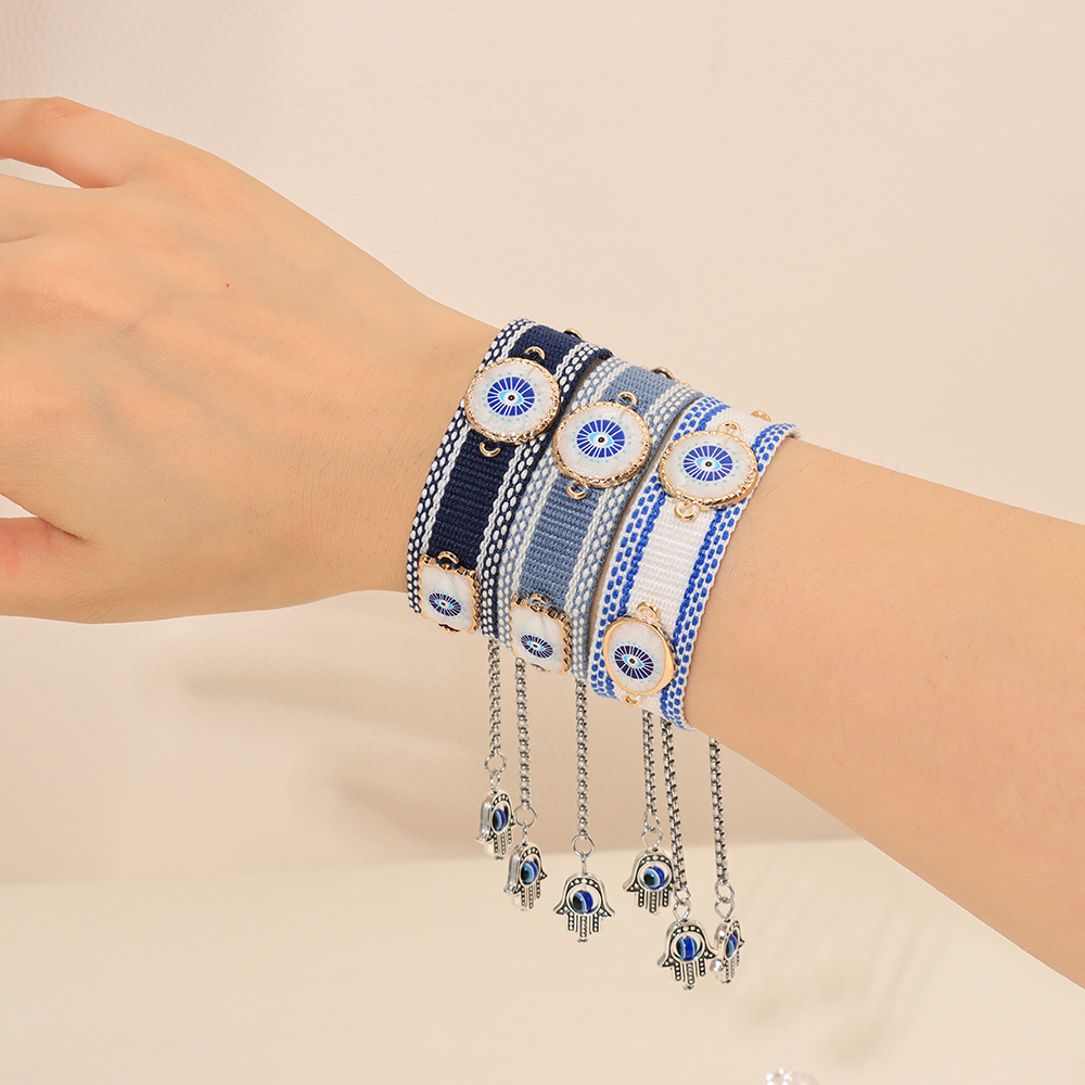 Woven Adjustable Bracelets with Metallic Evil Eyes Tassel Friendship Bracelets