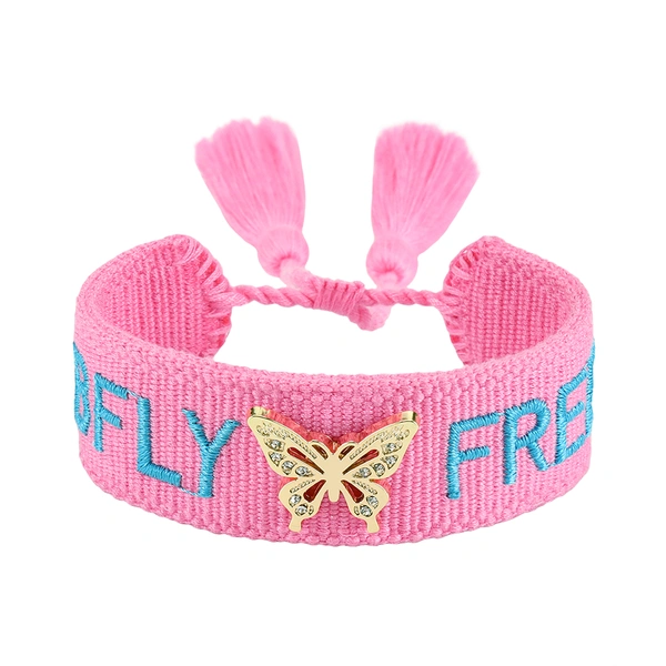 Tassel bracelets featuring embroidered words and decorative charms- rose, butterfly, clover, and bow