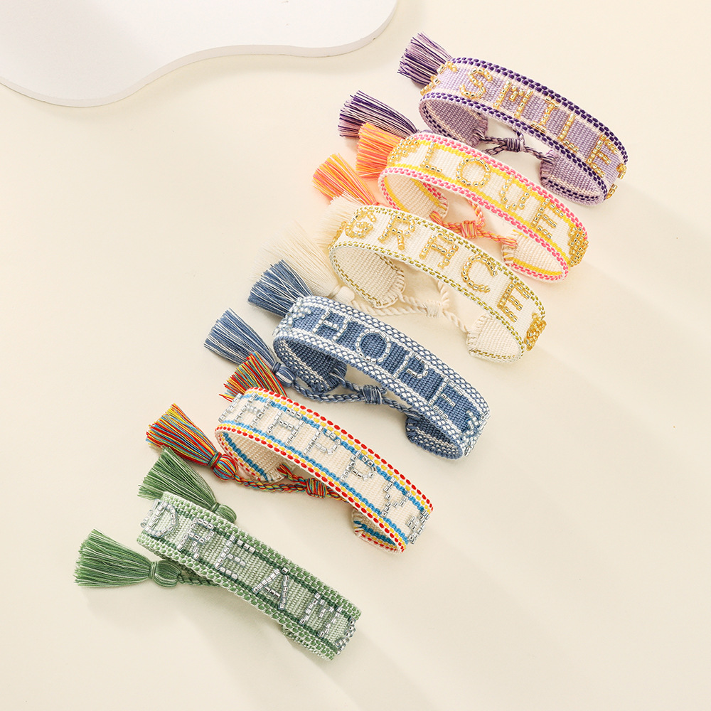 Handmade Embroidered Beaded Word Bracelet Adjustable Woven Friendship Bracelet with Tassels