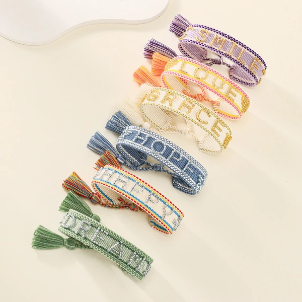 Handmade Embroidered Beaded Word Bracelet Adjustable Woven Friendship Bracelet with Tassels