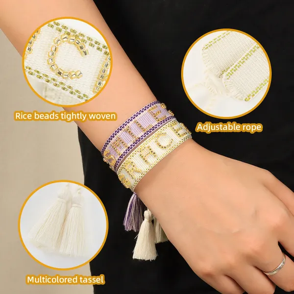 Handmade Embroidered Beaded Word Bracelet Adjustable Woven Friendship Bracelet with Tassels