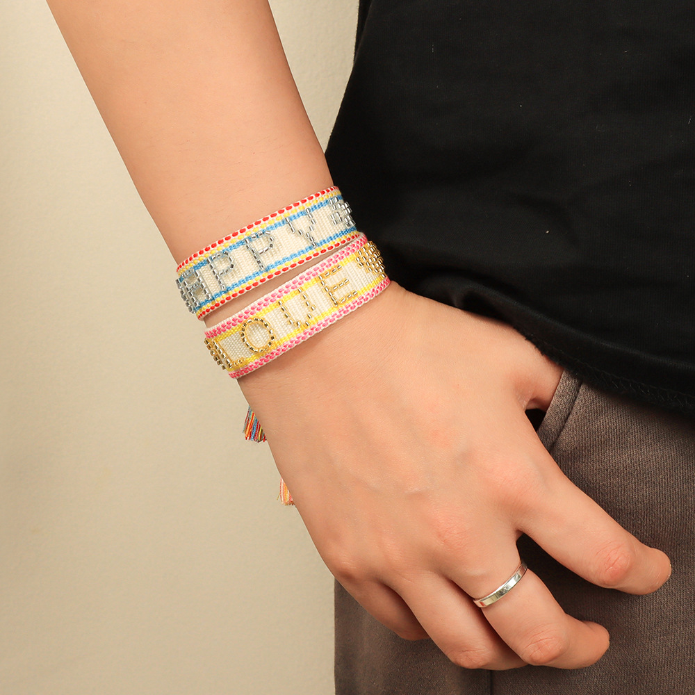 Handmade Embroidered Beaded Word Bracelet Adjustable Woven Friendship Bracelet with Tassels