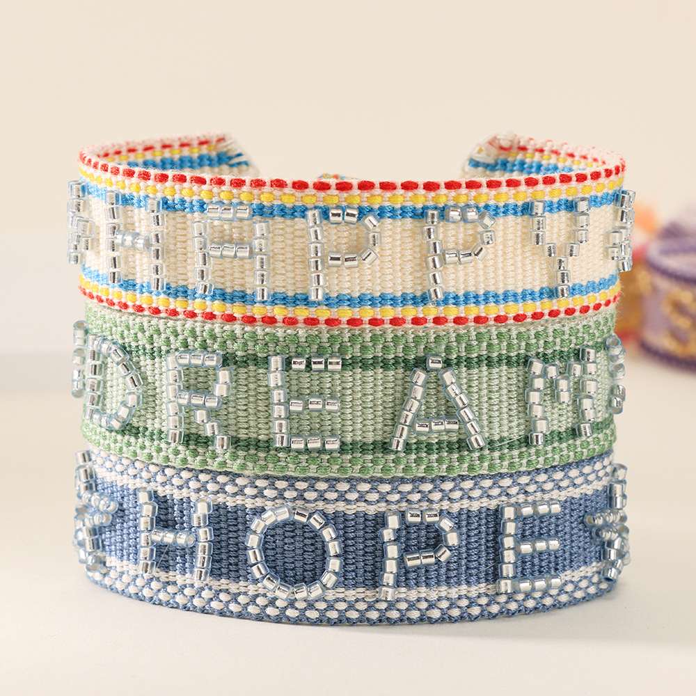 Handmade Embroidered Beaded Word Bracelet Adjustable Woven Friendship Bracelet with Tassels