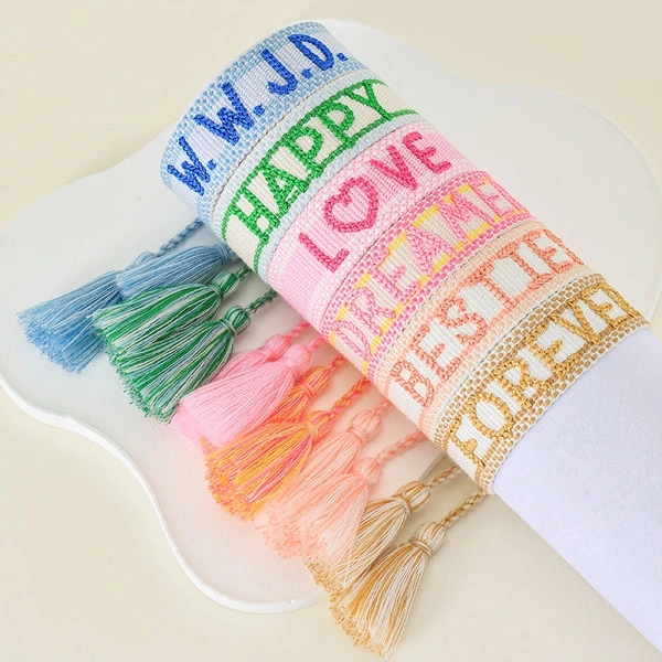 Lettering Tassel Bracelet with Embroidered HAPPY WWJD DREAMER LOVE BESTIES Adjustable Friendship Bracelets