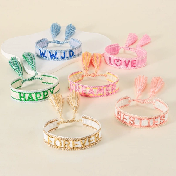 Lettering Tassel Bracelet with Embroidered HAPPY WWJD DREAMER LOVE BESTIES Adjustable Friendship Bracelets