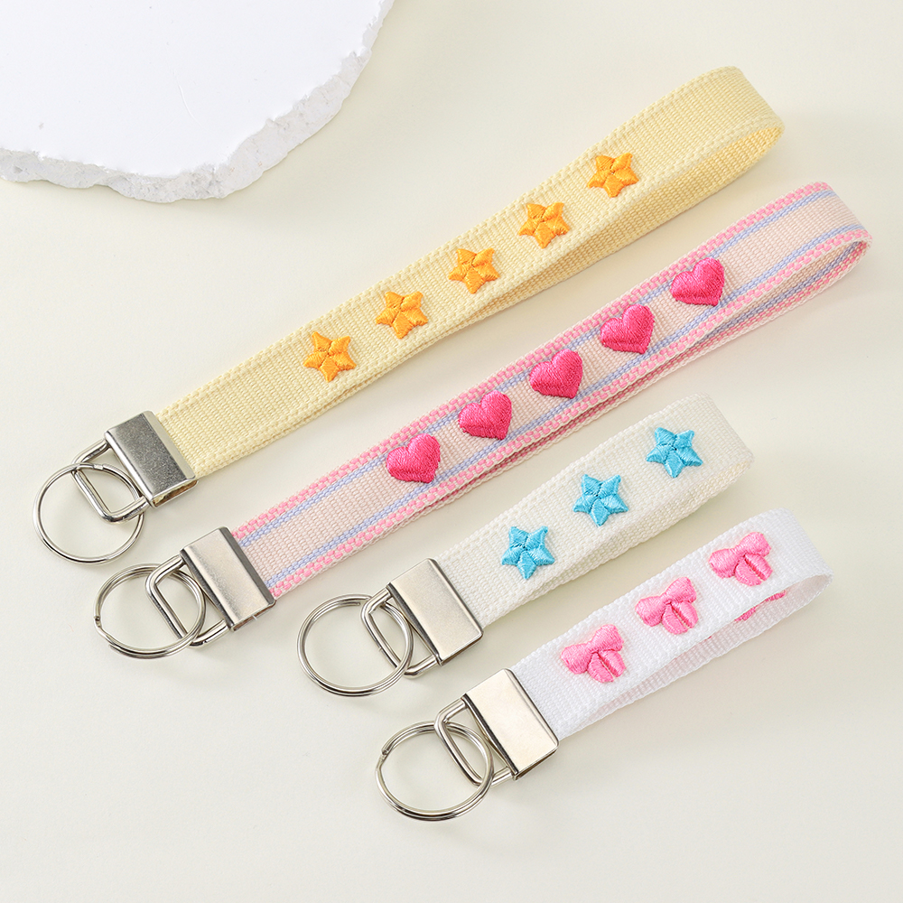 Embroidered Keychain Wrist Strap – Cute Heart & Star Designs with Stainless Steel Ring