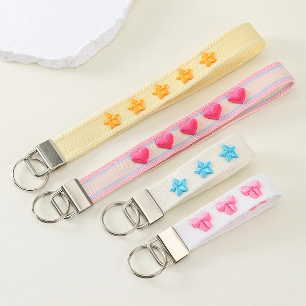 Embroidered Keychain Wrist Strap – Cute Heart & Star Designs with Stainless Steel Ring