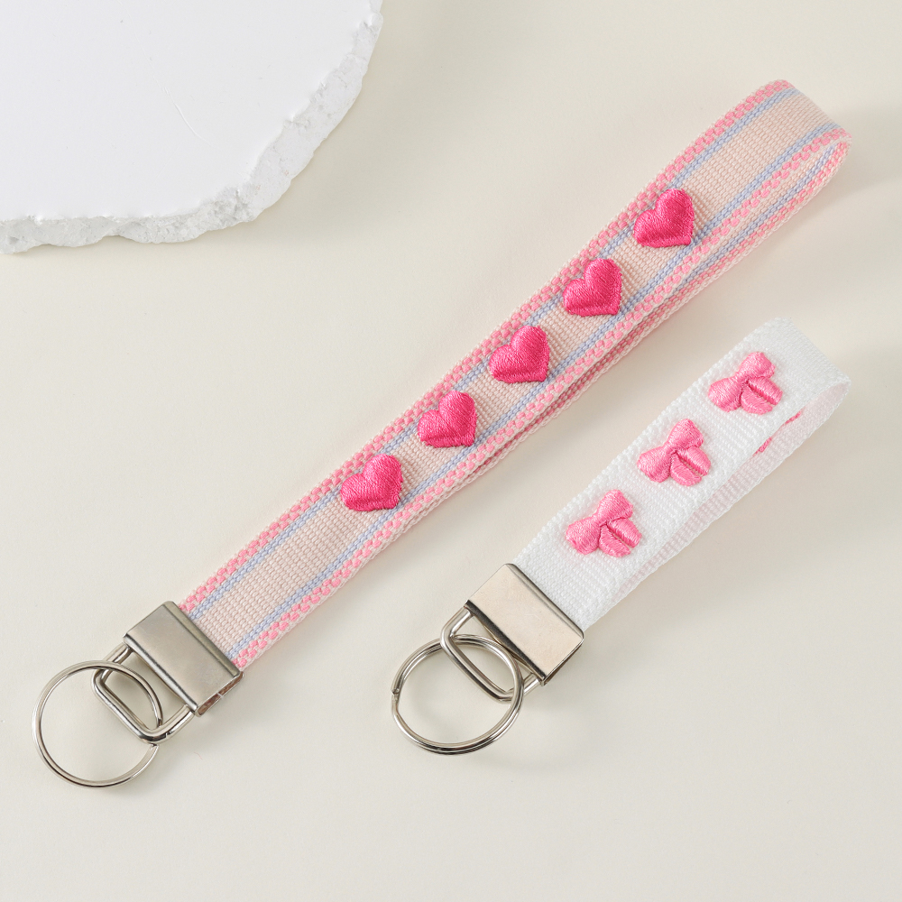 Embroidered Keychain Wrist Strap – Cute Heart & Star Designs with Stainless Steel Ring