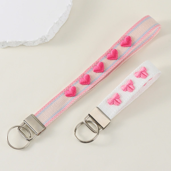 Embroidered Keychain Wrist Strap – Cute Heart & Star Designs with Stainless Steel Ring