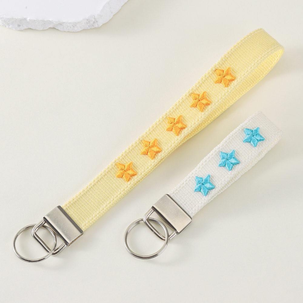 Embroidered Keychain Wrist Strap – Cute Heart & Star Designs with Stainless Steel Ring