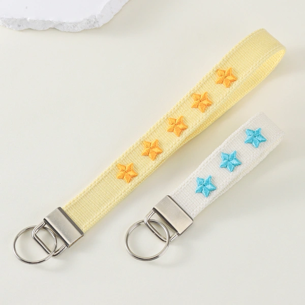 Embroidered Keychain Wrist Strap – Cute Heart & Star Designs with Stainless Steel Ring