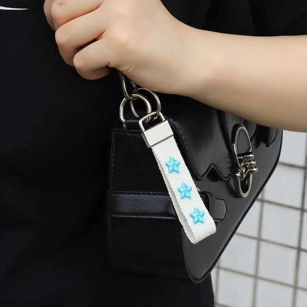 Embroidered Keychain Wrist Strap – Cute Heart & Star Designs with Stainless Steel Ring