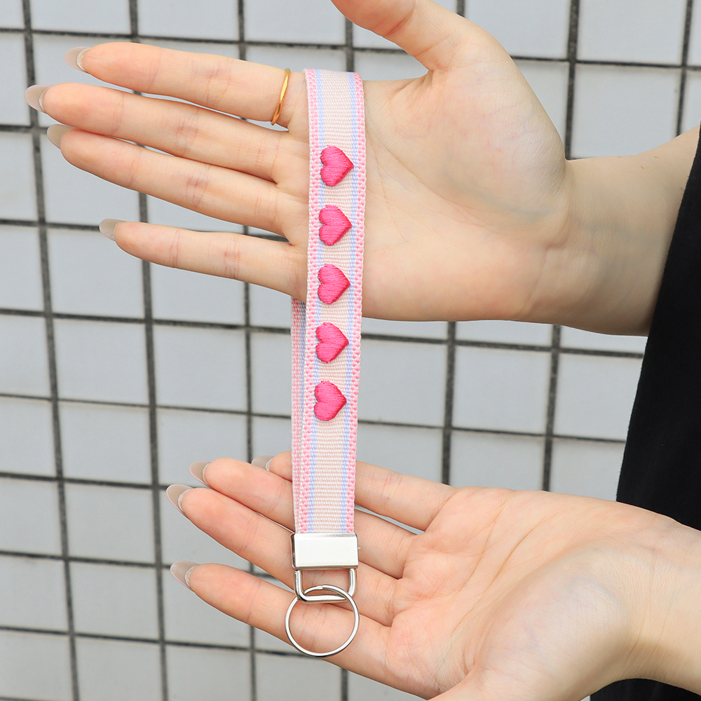 Embroidered Keychain Wrist Strap – Cute Heart & Star Designs with Stainless Steel Ring