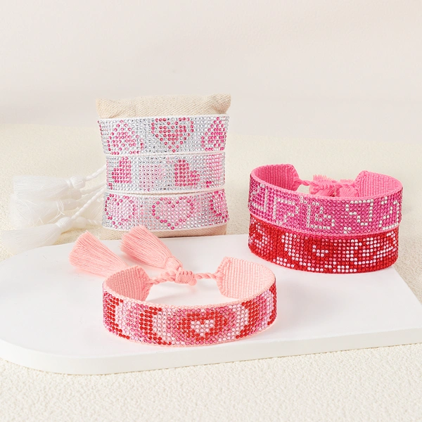 Multi-color Heart Shaped Rhinestone Handmade Tassel Bracelet