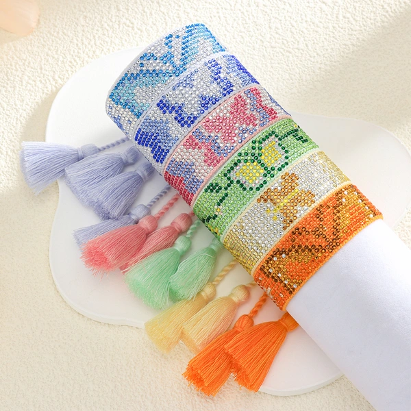 Custom Rhinestone Bracelet – Handmade Tassel Bracelets with Personalized Words or Patterns