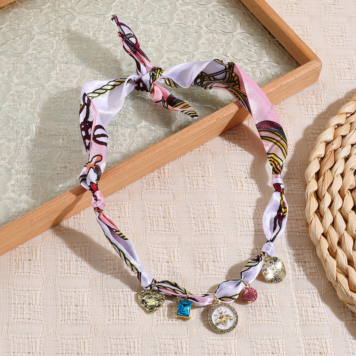 Bandana Pendant Necklace – Pink Bee Scarf with Charms, 4 in 1 Bandana Necklace, Bracelet, Hat Band, Bag Charm