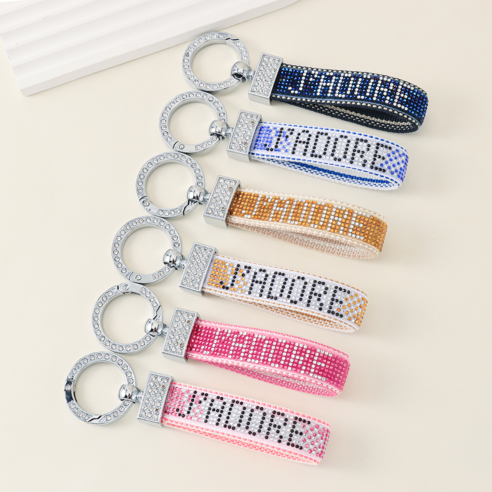 Rhinestone Lettering Keychain with Stainless Steel Ring, Key Holder, bag decoration, ID card holder