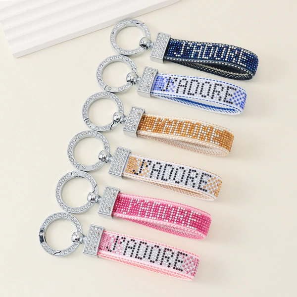 Rhinestone Lettering Keychain with Stainless Steel Ring, Key Holder, bag decoration, ID card holder
