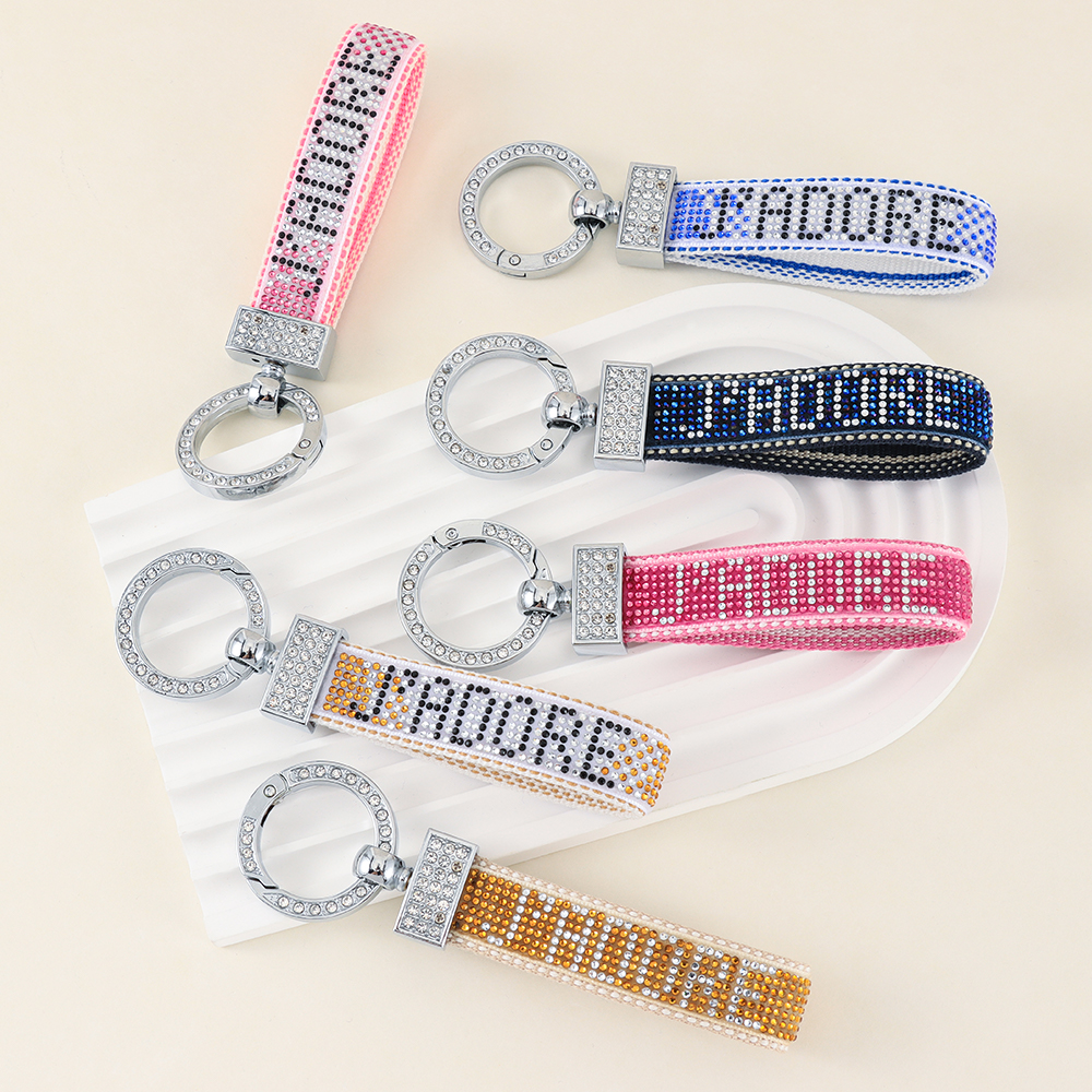 Rhinestone Lettering Keychain with Stainless Steel Ring, Key Holder, bag decoration, ID card holder
