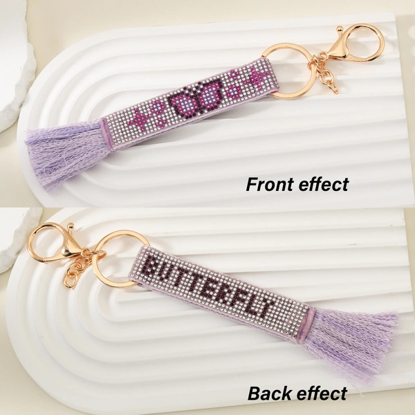 Butterfly-Themed Rhinestone Woven Keychain with Tassels and Stainless Steel Ring – Ideal as a Key Holder, Bag Charm, or ID Card Accessory