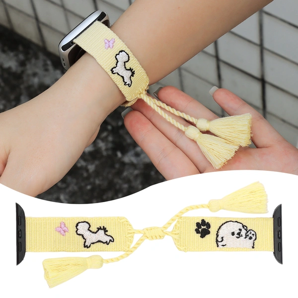 Pet Lovers Apple Watch Strap Woven Tassel Watch Band Series 6 7 8 9 with Adjustable Tassels and Embroidered Pets