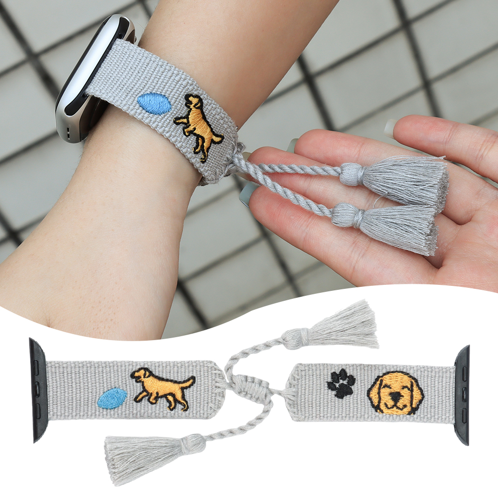 Pet Lovers Apple Watch Strap Woven Tassel Watch Band Series 6 7 8 9 with Adjustable Tassels and Embroidered Pets