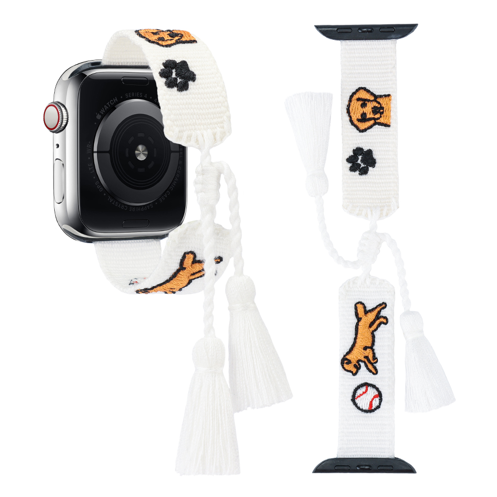Pet Lovers Apple Watch Strap Woven Tassel Watch Band Series 6 7 8 9 with Adjustable Tassels and Embroidered Pets