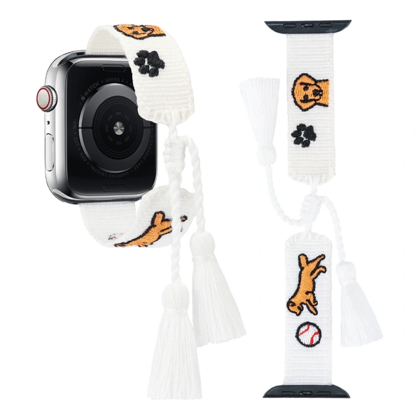 Pet Lovers Apple Watch Strap Woven Tassel Watch Band Series 6 7 8 9 with Adjustable Tassels and Embroidered Pets