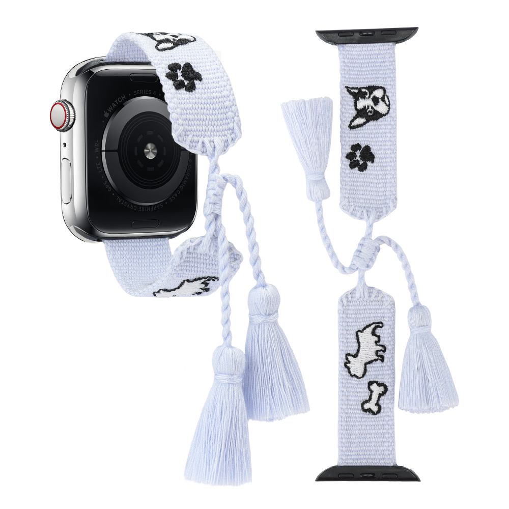 Pet Lovers Apple Watch Strap Woven Tassel Watch Band Series 6 7 8 9 with Adjustable Tassels and Embroidered Pets