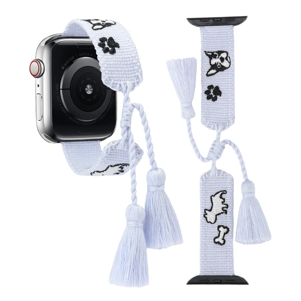 Pet Lovers Apple Watch Strap Woven Tassel Watch Band Series 6 7 8 9 with Adjustable Tassels and Embroidered Pets