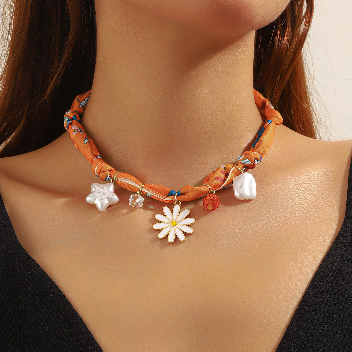 4 in 1 Bandana Necklace with Sunflower Pearl Stars Charms