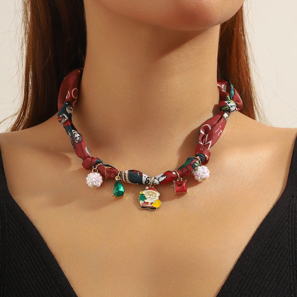 Scarf Pendant Necklace – Red Santa Bandana with Charms, 4 in 1 Bandana Necklace, Bracelet, Hat Band, Bag Charm