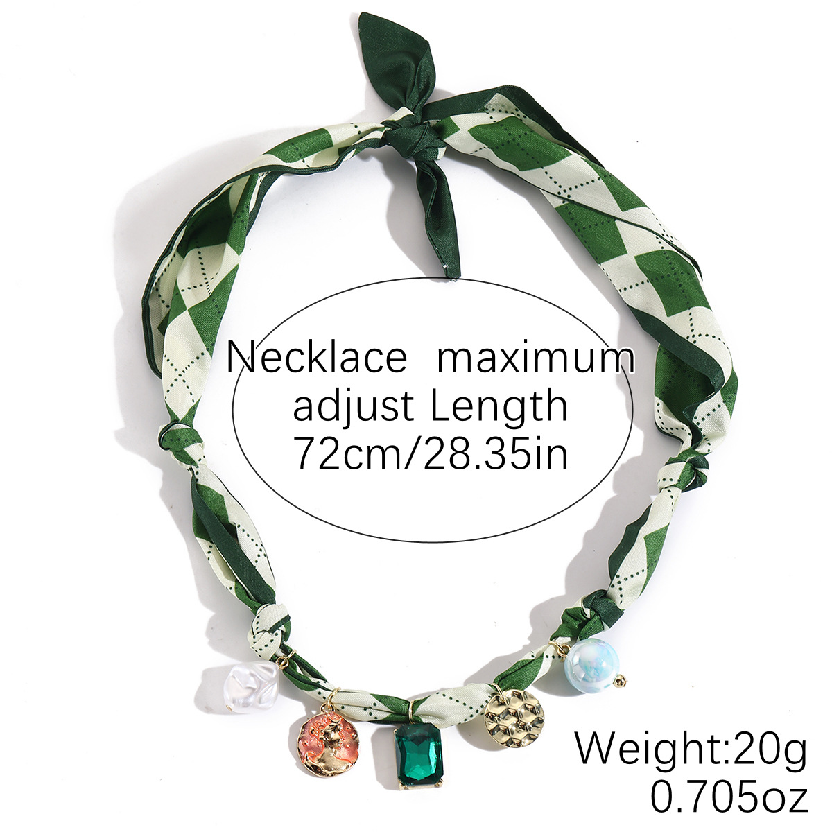 Scarf Pendant Necklace – Green Geometric Bandana with Charms, 4 in 1 Bandana Necklace, Bracelet, Hat Band, Bag Charm