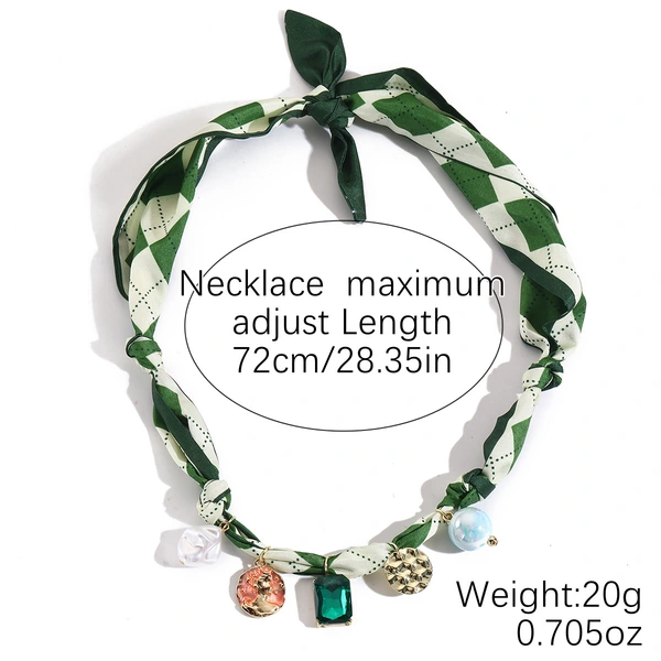 Scarf Pendant Necklace – Green Geometric Bandana with Charms, 4 in 1 Bandana Necklace, Bracelet, Hat Band, Bag Charm